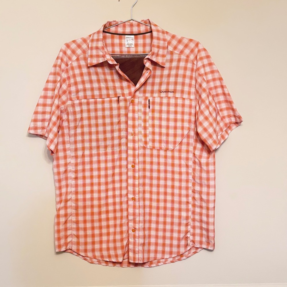Quechua Orange Plaid Hiking Shirt Men's Small Outdoor Fishing Camping Gorpcore